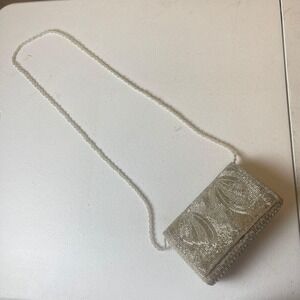 Oriental Vintage Silver‎ Beaded Clutch Evening Bag Chain Strap Made in China